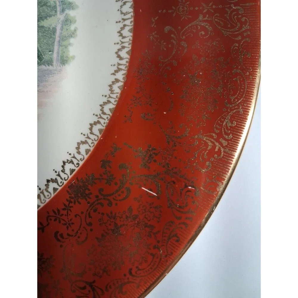 Salem Century Victorian Decorative Plate 23K Gold Red Rim Ceramic Made in USA